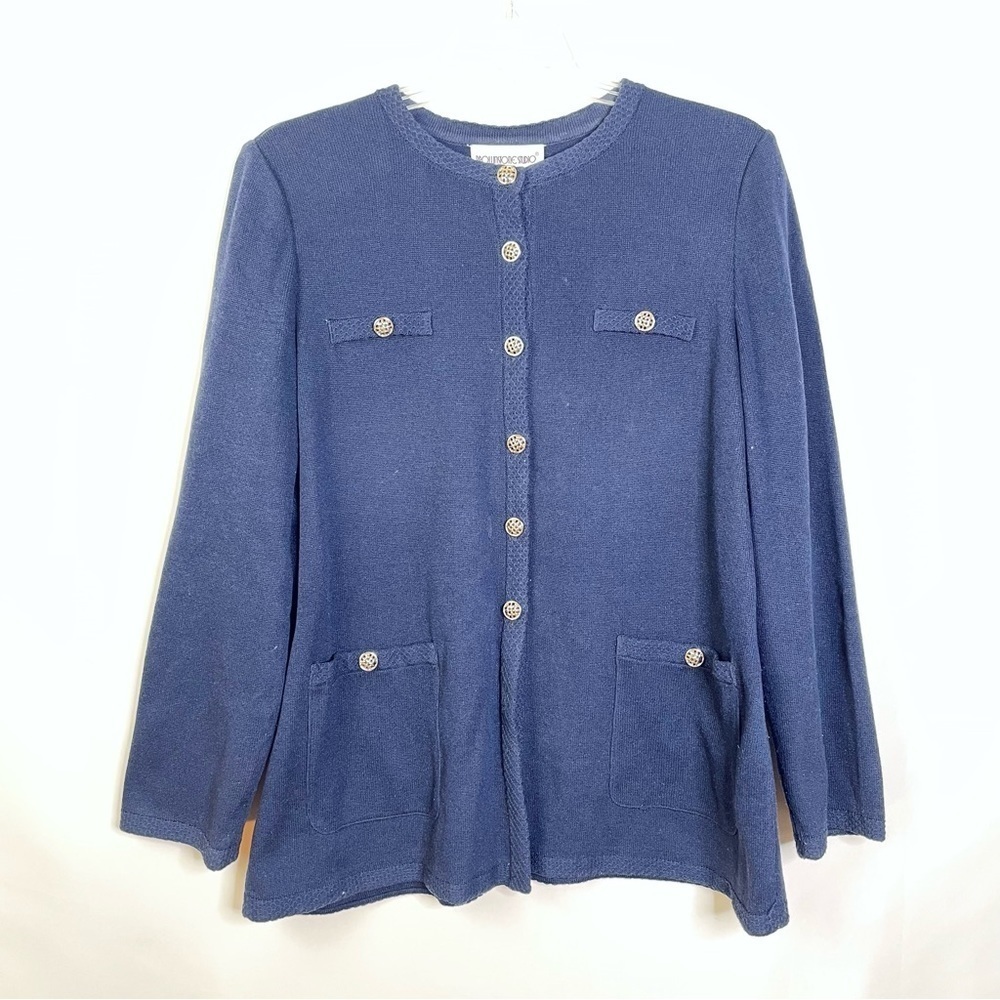 Brownstone Studio Navy Blue Knit Longline Button Up Long Sleeve Cardigan Sz 18